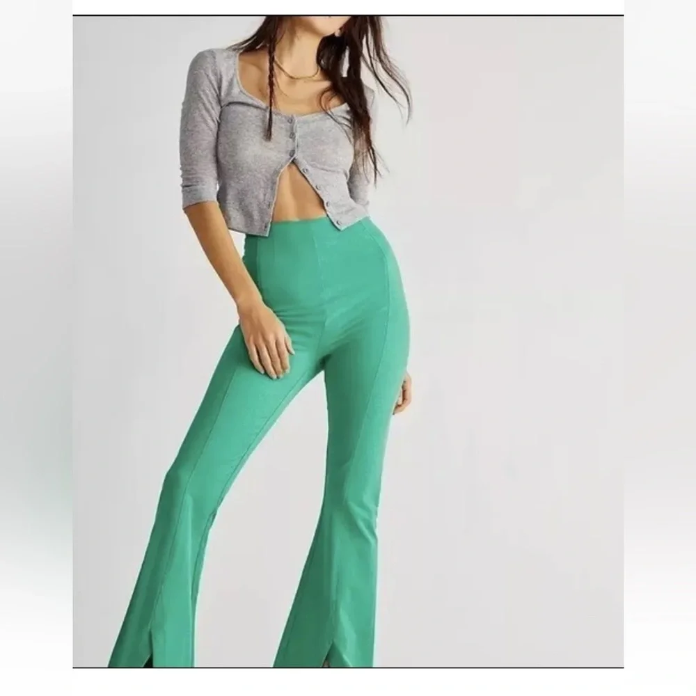 FREE PEOPLE‎ Real Deal Slit Green Boho Stretch Pants Sz XS NWT